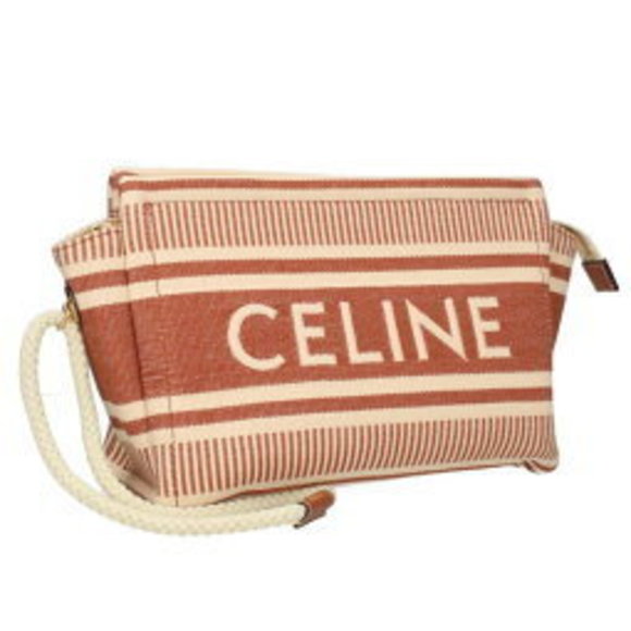 Celine Thais Pouch Triomphe Stripe Textile Beige Brown - Picture 1 of 3